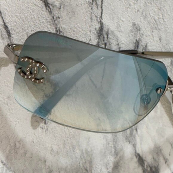 RARE Chanel Vintage Sunglasses Rhinestone Crystal CC Logo Rimless Gradient Blue - Picture 11 of 14